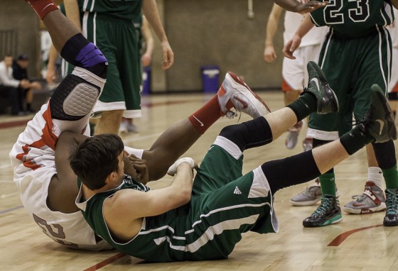 Thomas Simien #23 fighting for a loose ball in the first half against Chemeketa CC.
