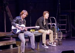Roger (Cole Hampton) and Mark (Matt Rowning) rehearse a scene together during a dress rehearsal on Wednesday in the College Theater.