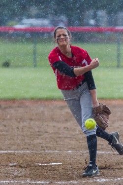 Freshman Ann-Marie Guischer releases a pitch at Tuesday’s game.