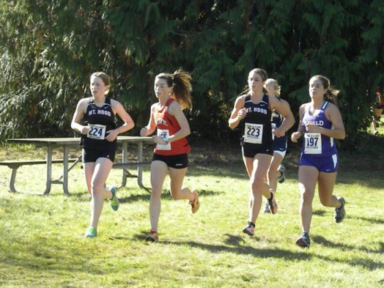 Freshmen Mt. Hood runners Courtney Andre and Stephanie Bishop compete at the Lewis & Clark Invitational.
