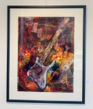 "Fender Emerging" is an abstract painting by Kathleen Buck on display in the fireplace gallery through April 29.
