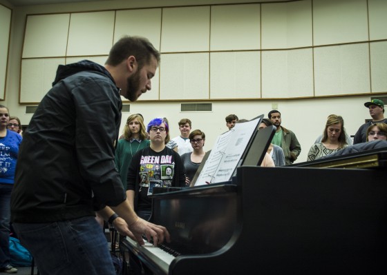 Mt. Hood’s third-year choir director, Kevin Lambert, worked with his students Wednesday in the Performing Arts Center. The two MHCC choir groups will perform at The Grotto on Monday, Dec. 1, at 9 p.m.