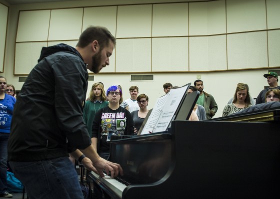 Mt. Hood’s third-year choir director, Kevin Lambert, worked with his students Wednesday in the Performing Arts Center. The two MHCC choir groups will perform at The Grotto on Monday, Dec. 1, at 9 p.m. 