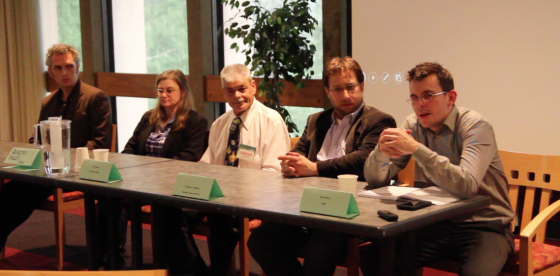 SSDP founder Sam Krause (far right) organized a discussion at MHCC about specifics of Measure 91 and expected effects on businesses and citizens.  Pictured from left: Portland Mercury Canabuzz columnist Joshua Jardine, Stoney Girl Gardens founder Jennifer Valley, Services Director for both Stoney Girl Gardens and Portlandsterdam University Mike Mullins, and cannabis business lawyer Matt Goldberg.