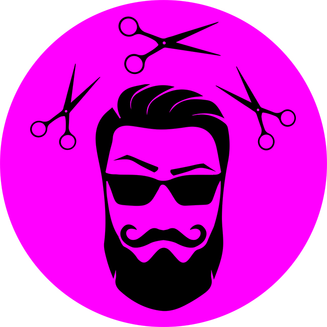A graphic of a bearded man with scissors.