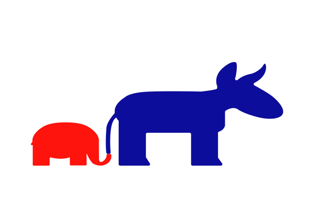 A graphic of a political donkey and elephant where the elephant is holding the donkey's tail.