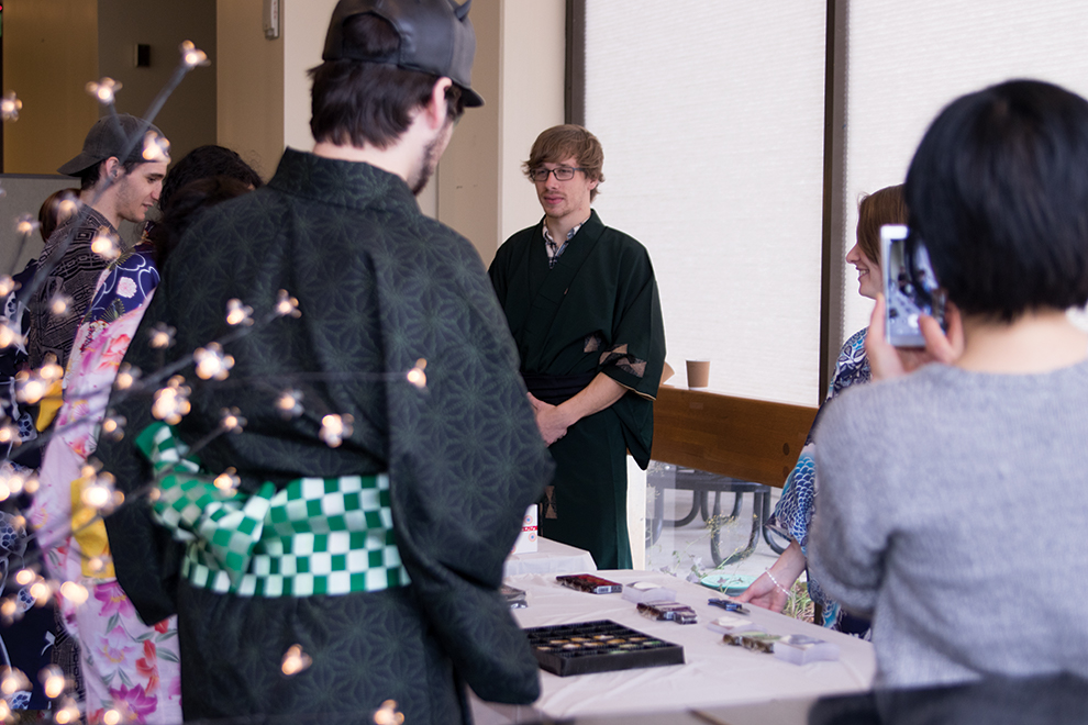 Traditional Japanese teahouse held by the Japanese Club in the Student Union with the students wearing traditional kimonos.