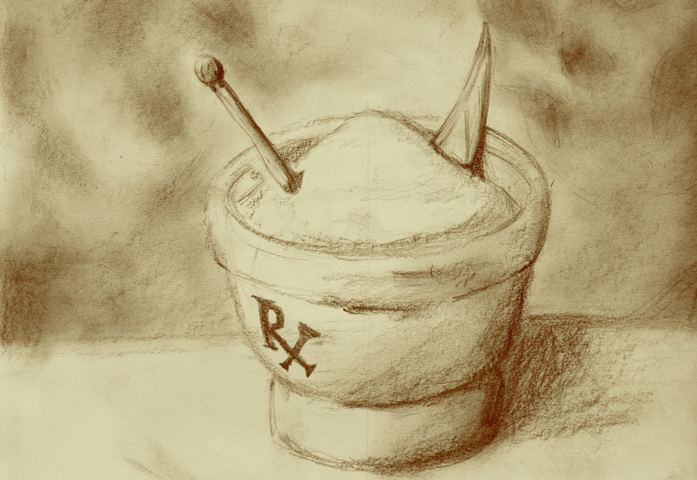 A sketch of a scythe resting in a a pile of granulated medicine inside a mortar.