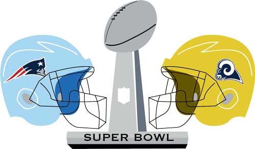 Graphic created to show a blue New England Patriots helmet on the left and a gold Los Angeles Rams helmet on the right, both facing inward toward the silver Super Bowl award.