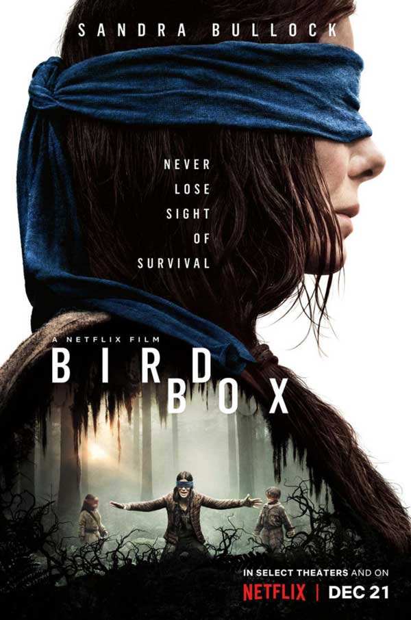 Movie poster of the Netflix released Bird Box film with the lines 'Never lose sight of survival.'