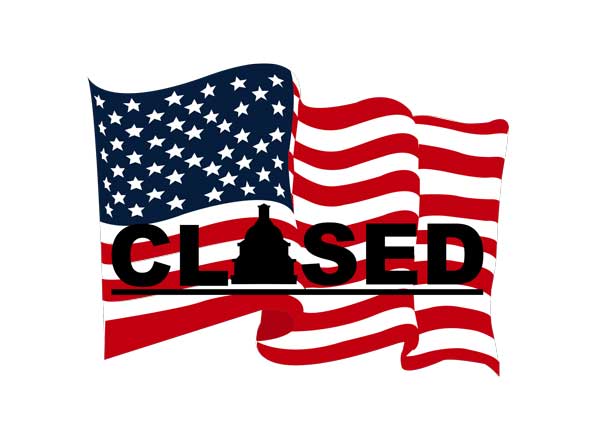 Graphic to represent the government shutdown, the American flag waving behind the word 'CLOSED' with the Capital Hill as the 'O.'