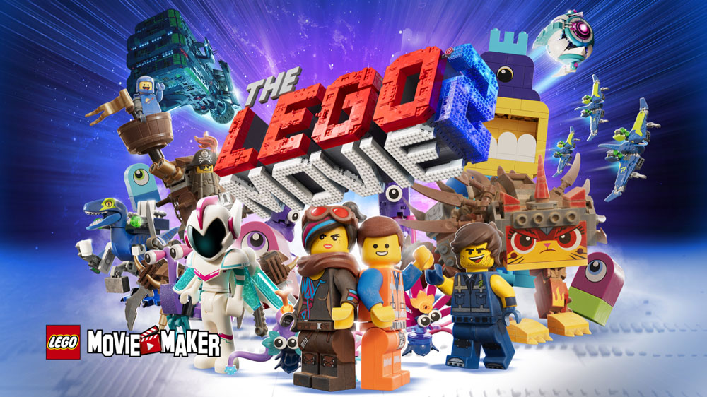 Movie poster for the new released Lego Movie 2, featuring bright colors and various cartoon Lego characters.