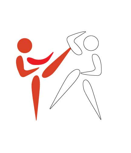 Graphic created to represent two stick-figured people practicing self-defense or martial arts. One is kicking a leg up and the other is blocking the kick with arms up.