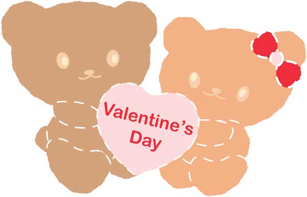 Image created to represent two stuffed-looking cartoon bears holding a heart sign saying, "Valentine's Day."