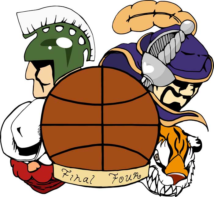 a graphic of the final two teams behind a basketball.