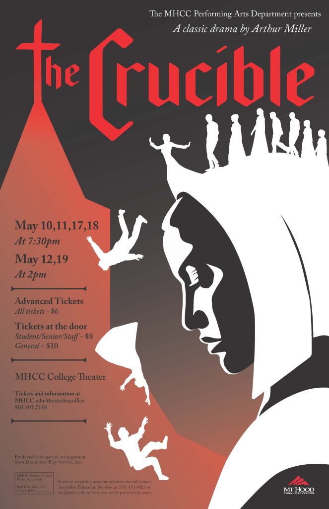 Promotion poster for the Crucible with a silhouette of a womans side profile as characters dive off of her head.