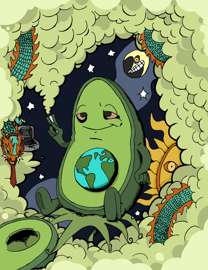 An avocado smoking weed in space. The pit of the avocado is the Earth. There is green smoke surrounding the bored of the graphic. There is a businessman dragon intertwined in the smoke. The sun and other alien creatures are in the distance in space.