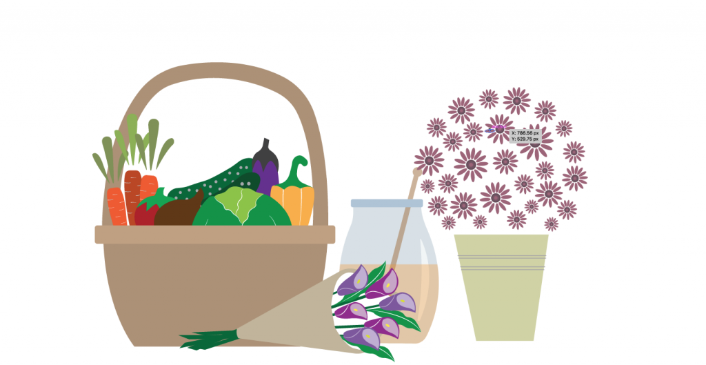 Graphic illustration of produce in a basket, fresh flowers, and honey in a jar.