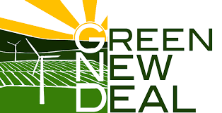 The logo for the Green New Deal which has a field with a wind turbine.