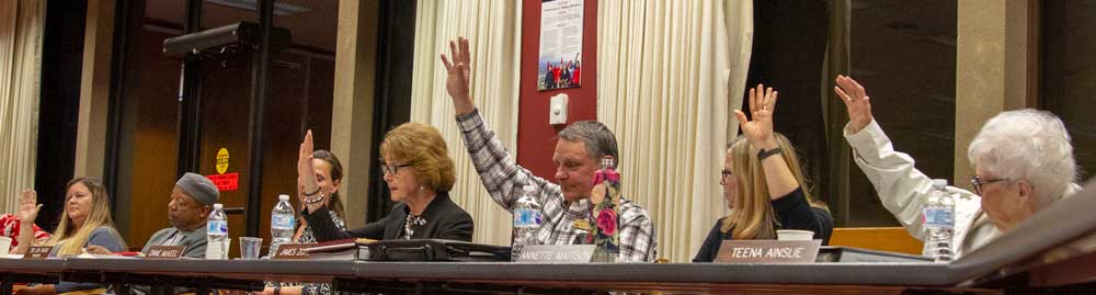 Five board members have their hands raised while one does not.
