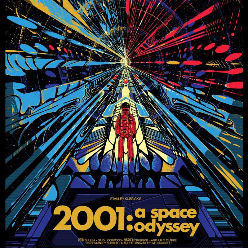 Movie poster of 2001: A Space Odyssey with a cartoon astronaut in the center and psychedelic space colors swirling past him. 
