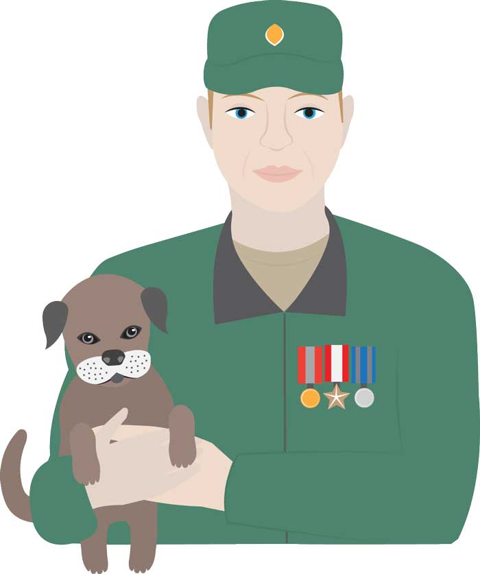 Graphic of military-dressed individual holding a puppy to represent the volunteer work with FIDO.