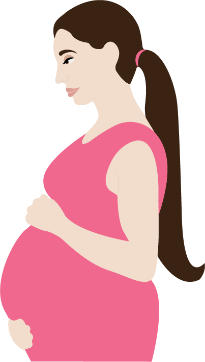 The side profile of a pregnant woman holding her belly.