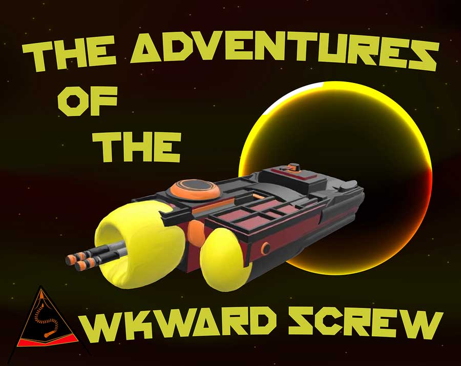 'The Adventures of the Awkward Screw' graphic poster for the story-based, science fiction podcast with the space machine traveling in space toward a planet.
