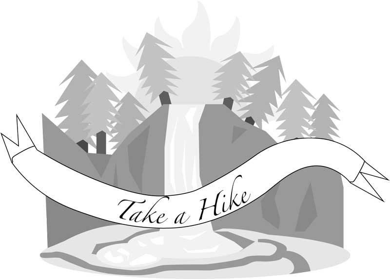 Pine trees on top of a mountain with a waterfall flowing through it, a sun shining in the background and a scroll-text "Take a Hike."